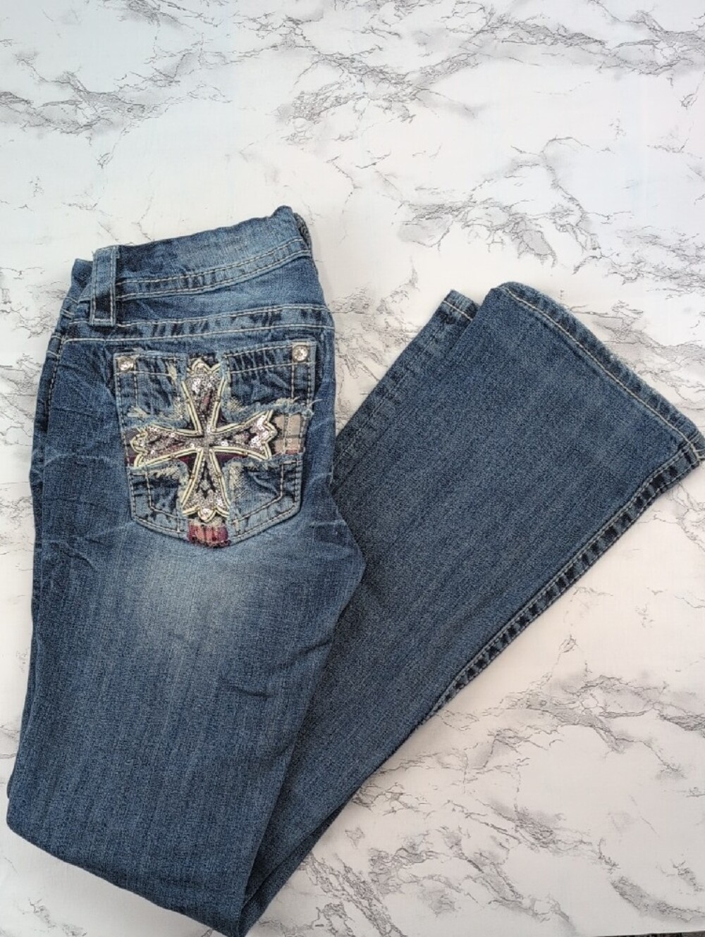 Miss Me Signature Slim Boot Jeans Size 26 Plaid Cross Embellished Distressed - Picture 2 of 15